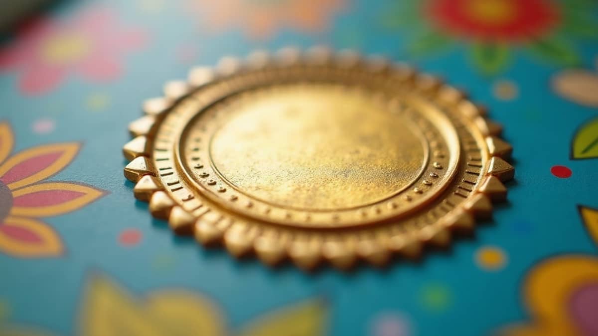 Colorful picture-book spines with round gold foil seals catching the light