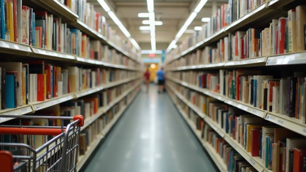 A bright thrift store book aisle with long full shelves and a cart in the foreground